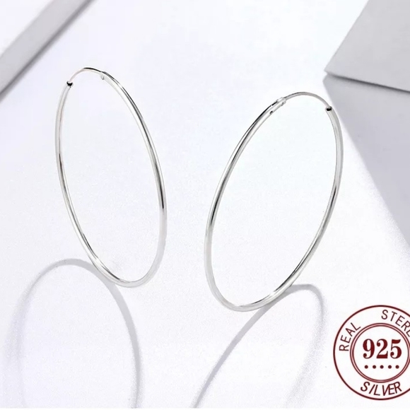 NEW Classic Large Circular 925 Silver Polished Hoop Earrings - Picture 12 of 13